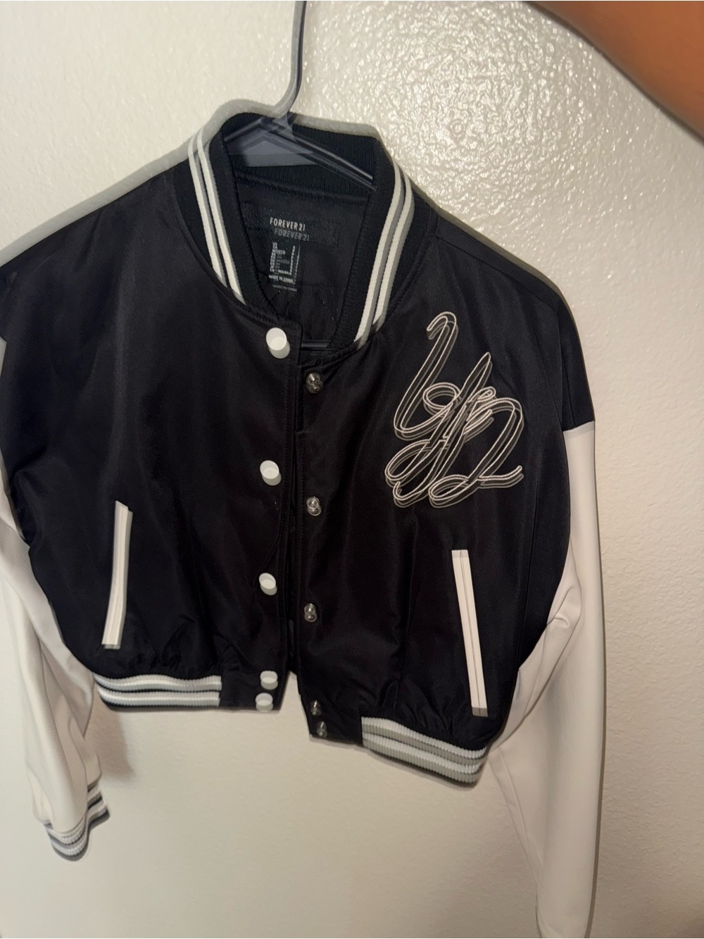 Forever 21 Black and White Cropped Varsity Jacket